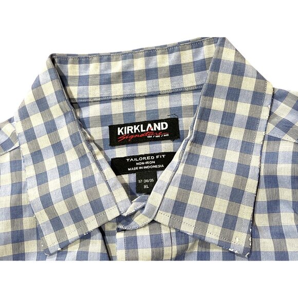 Mens Kirkland Signature Tailored Fit Non-Iron Blue & White Checkered Dress Shirt - Picture 2 of 7